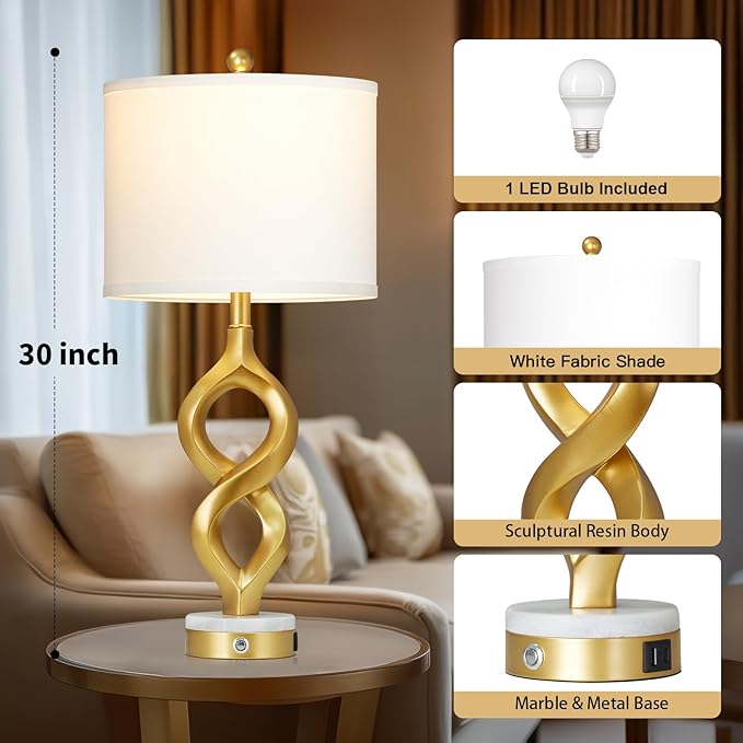 Cinyirong 30" White and Gold Table Lamp for Living Room, Modern Touch Control Bedside Lamp for Bedroom, 3-Way Dimmable Sculptural Resin Nightstand Lamp with USB A+C Ports and 1 LED Bulb (1 Pack)