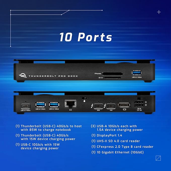 OWC 10-port Thunderbolt Pro Dock, 85W charging, Dual Thunderbolt 40 Gb/s (USB-C), USB-C and (3) USB Type A 10Gb/s, DisplayPort, 10GbE, CFexpress, SD, Single 8K or Dual 6K 60Hz Displays, For Mac and PC