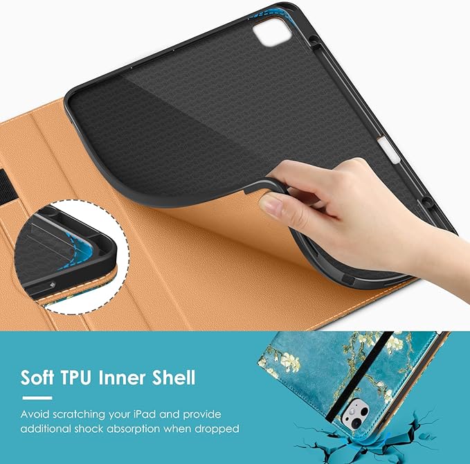 VIKESI Case for iPad Pro 13-inch M5 or M4 Released in 2025 or 2024, Leather Stand Cover with Apple Pencil Holder, Auto Wake/Sleep, Multiple Viewing Angles, Built in Hand Strap & Pocket,Blossom
