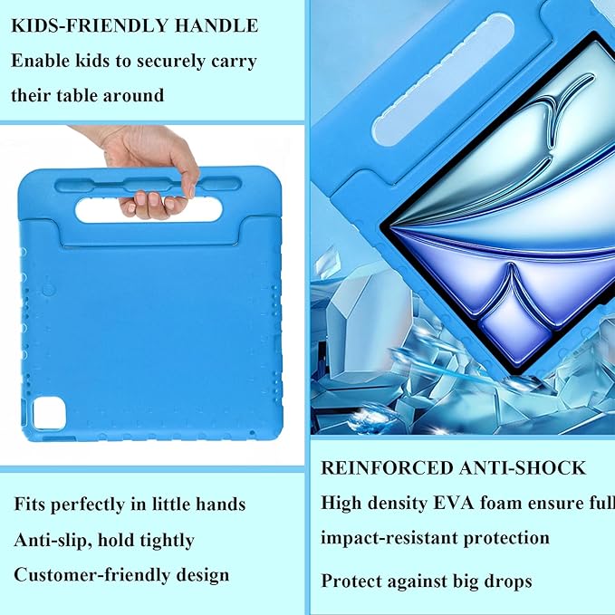 for iPad Air 11-inch Case M3/M2 (2025/2024) for Kids with Pencil Holder/Kickstand, Anti-Slip Handle Stand Lightweight Soft EVA Foam Shockproof Rugged Bumper Tablet Protective Cover, Blue