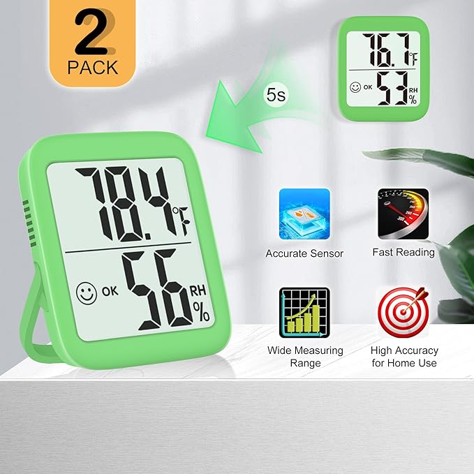 Antonki 2 Pack Room Thermometer for Home, Hygrometer Indoor Humidity Meter Gauge, Digital Temperature and Humidity Monitor Sensor for House, Terrarium, Incubator, Greenhouse - Battery Included