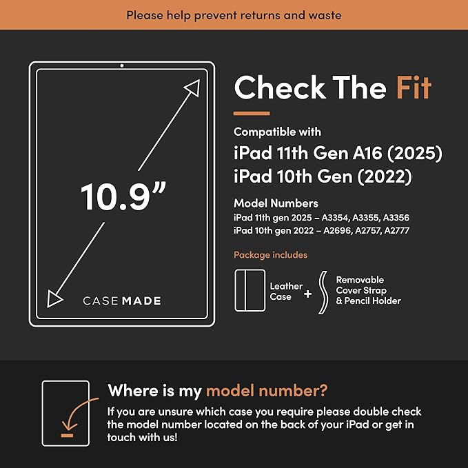 Casemade Real Leather Case Compatible with iPad 11th Gen A16 2025 / 10th Gen (2022) - Full-Grain Leather Cover, Auto Sleep/Wake, Dual Stand Position (Black)