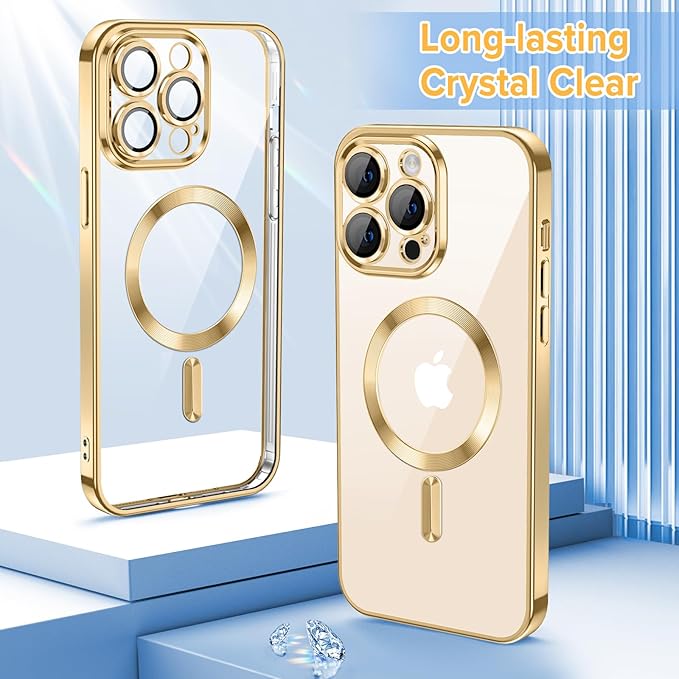 Hython Magnetic Clear for iPhone 12 Pro Max Case with Camera Lens Protector [Compatible with MagSafe] Plating Edge Slim Soft TPU Cover Protective Phone Case for iPhone 12 Pro Max 6.7", Gold