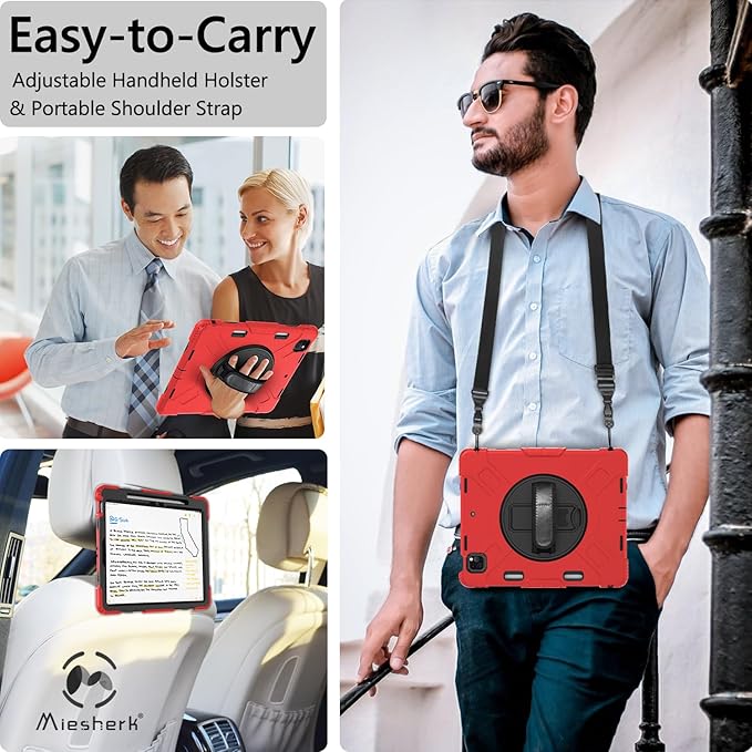 Miesherk Case for iPad Pro 12.9 Inch 6th/5th/4th Generation, Military Grade Heavy Duty Shockproof iPad Pro 12.9 Case - Rotating Stand, Pencil Holder, Hand/Shoulder Strap, Black+Red