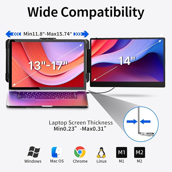 Laptop Screen Extender 14" - Dual Portable Monitor FHD 1080P IPS Second Screen for 13"-17" Laptops, Plug & Play for Trip/Remote Work Compatible with Windows/Mac/Android/Chrome