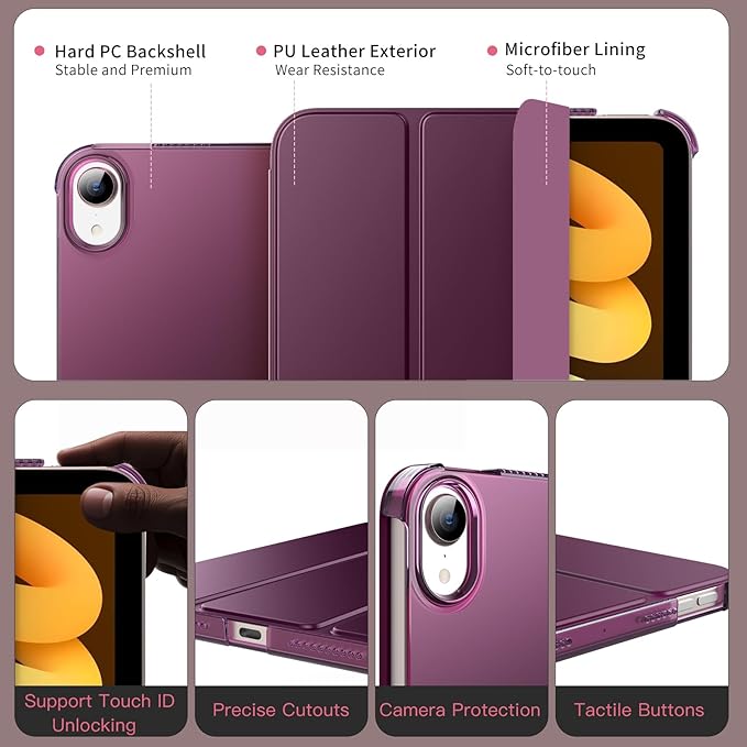 MoKo for iPad mini 7 (A17 Pro) Generation Case 2024, iPad mini 6 Case 2021, 8.3-inch Slim Lightweight Protective Hard Back PC Shell Stand Cover Support Touch ID, Auto Wake/Sleep, Dark Purple
