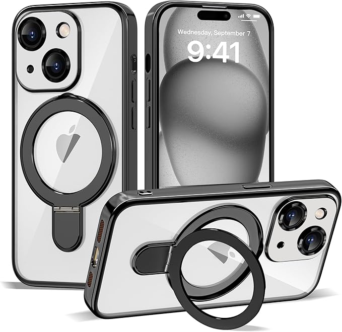Compatible with iPhone 15 Case with Invisible Magnetic Ring Stand [Compatible with Mag-Safe] [Full Camera Lens Protector] Plating Clear Phone Case for iPhone 15 6.1", Black