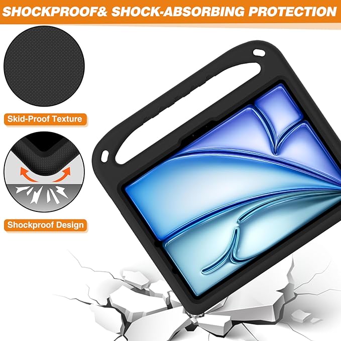 Kids Case for Apple iPad Air 11 inch M4/M3/M2 (2026/2025/2024) with Pencil Stylus Holder/Handle/Kickstand Slim Lightweight Cute Soft Shockproof EVA Folio Stand Protective Tablet Cover, Black