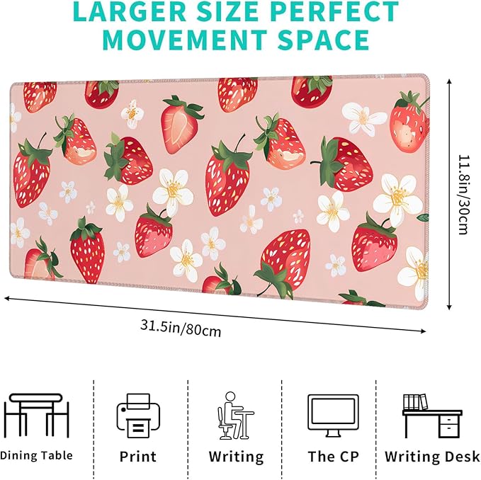 Strawberry and Floral Gaming Mouse Pad – 12x31.5in Non-Slip Rubber Desk Mat with Cute Fruit Design – Large Extended Mousepad for Office Home – Deskmat Gifts for Food and Kawaii Lovers Decor