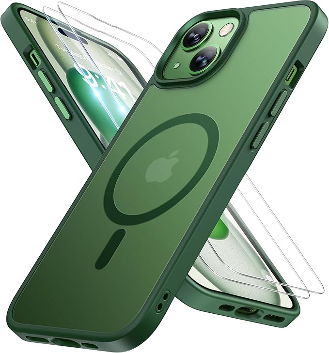Miracase Magnetic for iPhone 15 Case (Compatible with MagSafe)（with 2X Screen Protectors） Military-Grade Protection, Anti-Fingerprint Translucent Matte Phone Cover for iPhone 15 6.1 inch, Dark Green