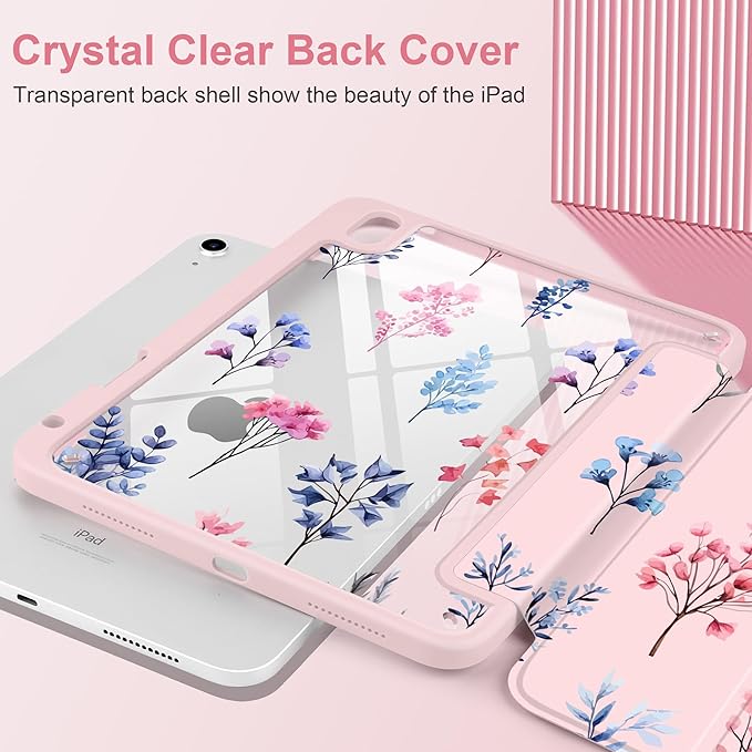 Case for iPad Air 13 inch 2026 M4 2025 M3 2024 M2 Release Slim Shockproof Cute Light Pink Cover with Clear Back TPU Edge Pencil Holder Trifold Stand Auto Wake Sleep, Hand-Drawn Florals