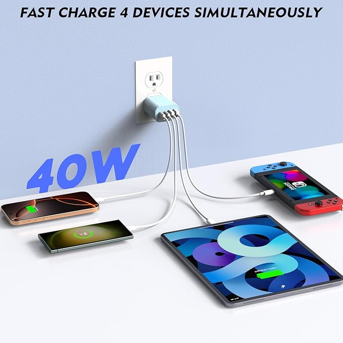 iPhone 17 Charger Block,40W 4-Port PD USB C Charger Block Power Adapter+QC Wall Charging Plug 2 Pack Fast Charging Cube Apple Multiport Brick for iPhone 17/17Pro/Air/16e/16/15/14/13/12,iPad(Pink&Blue)