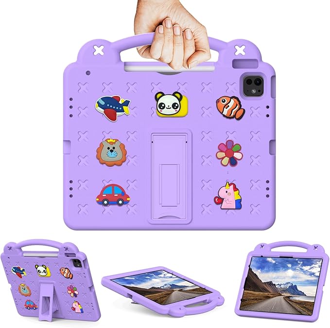 Kids Case for iPad Air 13 inch M3 2025/M2 2024,iPad Pro 13 inch M4 2024 & iPad Pro 12.9 inch Case 6th/5th/4th/3rd Gen 2022 2021 2020 2018 with Stand/Pencil Holder/Handle, Light Purple Bear