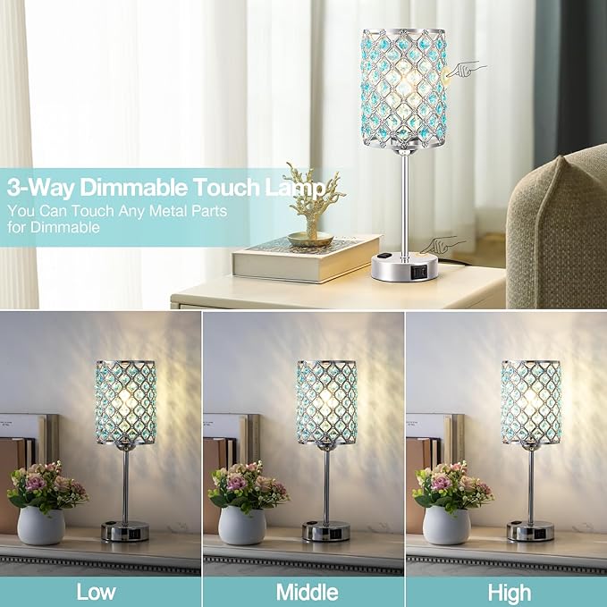 Hong-in Blue Lamps for Night Stands-Crystal Table Lamp with USB-C+A & AC Charging Ports, 3-Way Dimmable Nightstand Touch Lamp, Bedside Desk lamp for Bedroom Living Room Home Office