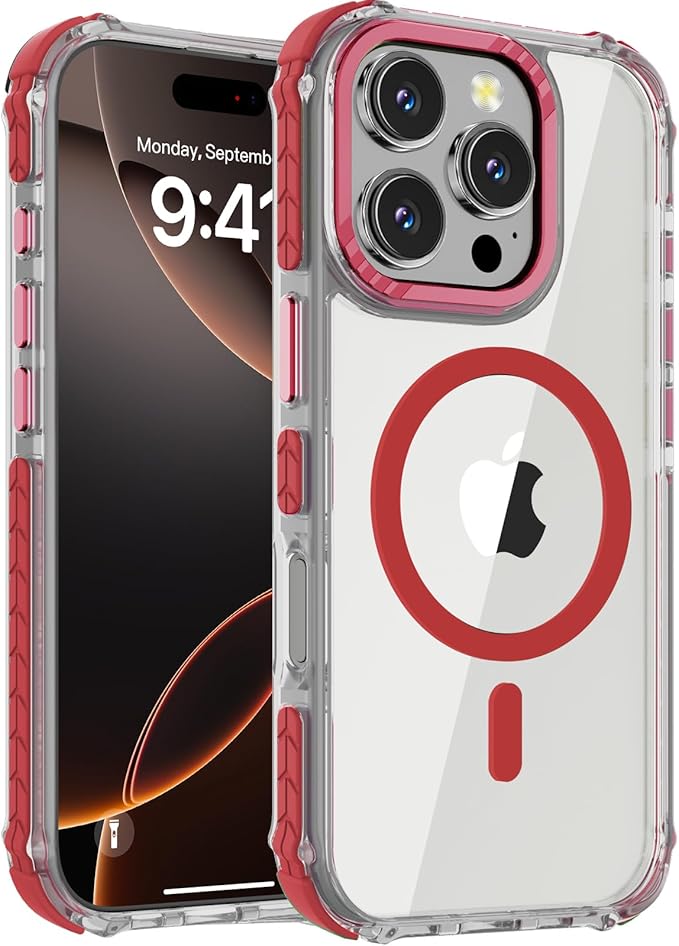 DEERLAMN Strong Magnetic Case for iPhone 16 Pro 6.3-Inch,[Compatible with Magsafe] Clear Slim Shockproof Protective Phone Cover for Women Men-Transparent+Red