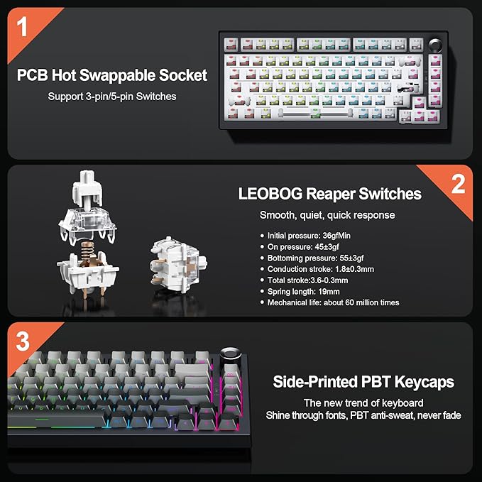 Gurjot Wireless Mechanical Keyboard, 75% Hot Swappable Custom Keyboard with Knob,PBT Keycaps,BT5.0/2.4GHz/USB-C,RGB Backlit, Mechanical Gaming Keyboards for PC/Tablet/PS/Xbox