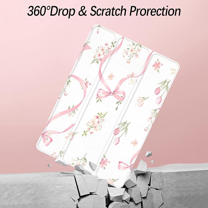 Case for iPad Pro 11 inch 4th/ 3rd/ 2nd / 1st Generation (2022/2021/2020/2018), Case with Pencil Holder, Clear Back Cover Cute Cool Design for Women Girls, Auto Sleep/Wake, Bow Tulip