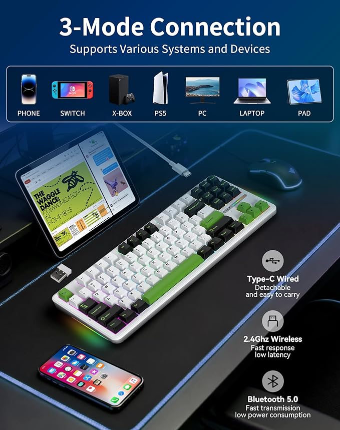Aula F87 Pro Wireless Mechanical Keyboard, 87-Key TKL Tri-Mode (BT5.0/2.4G/USB-C), Hot Swappable Gasket Mount Keyboard, 4000mAh Battery, RGB Backlit PBT Keycaps Custom Gaming Keyboard for PC Mac