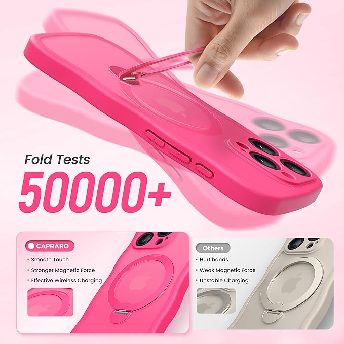 CAPRARO for iPhone 14 Pro Case with 360° Spin Magnetic Stand for Women, [Compatible with MagSafe] [Full Camera Protection] Cute Wave Translucent Matte Case for iPhone 14 Pro,Hot Pink