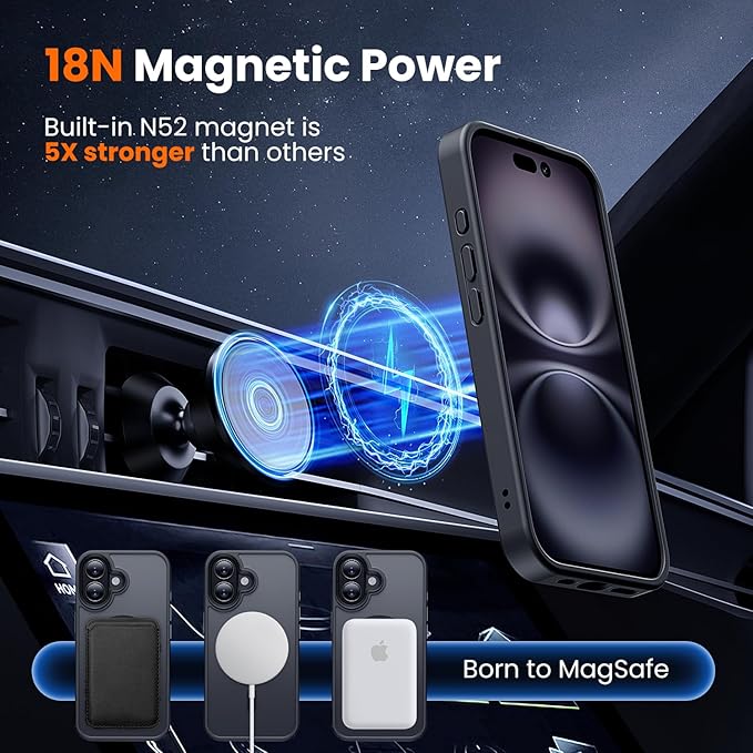 toushion 3 in 1 for iPhone 16 Plus Case Clear Matte Black | with MagSafe,Screen Protector *1 & Camera Lens Protector*1, Skin Feeling Back Cover Military-Grade Protection
