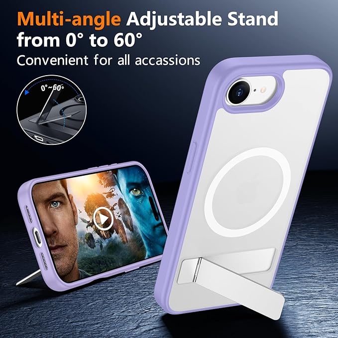 SPIDERCASE Magnetic for iPhone 17e Case for iPhone 16e Case, with [3 Stand Ways] [Military Grade Drop Protection] Invisible Stand Shockproof Slim Case for iPhone 17e/16e 6.1 inch, Light Purple