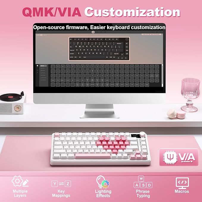 YUNZII B75 PRO MAX QMK/VIA Wireless Mechanical Keyboard,75% Layout with Screen and Knob,Hot Swap Gasket,Creamy Pre-lubed Switches,Bluetooth/Type-C/2.4G for Win/Mac(White Heart,Cocoa Cream V2 Switch)