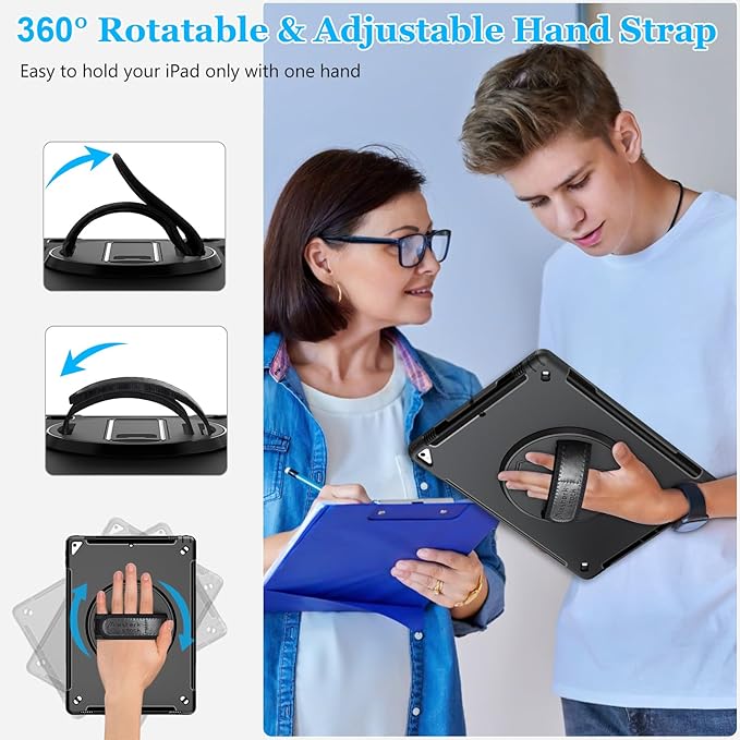 Case for iPad Pro 12.9 2nd Generation 2017 & 2015 1st Generation, Heavy Duty Rugged TPU Protective Cover with Screen Protector- Stand + Handle Hand & Shoulder Strap + Pencil Holder- Black