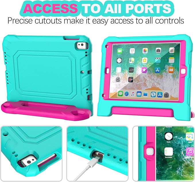 YIHE Kids Case for iPad 9.7 Inch with Screen Protector, Shockproof Handle Convertible Stand Case for iPad 9.7 6th/5th Generation 2018/2017, iPad Air 2/1& iPad Pro 9.7, Cyan&Pink