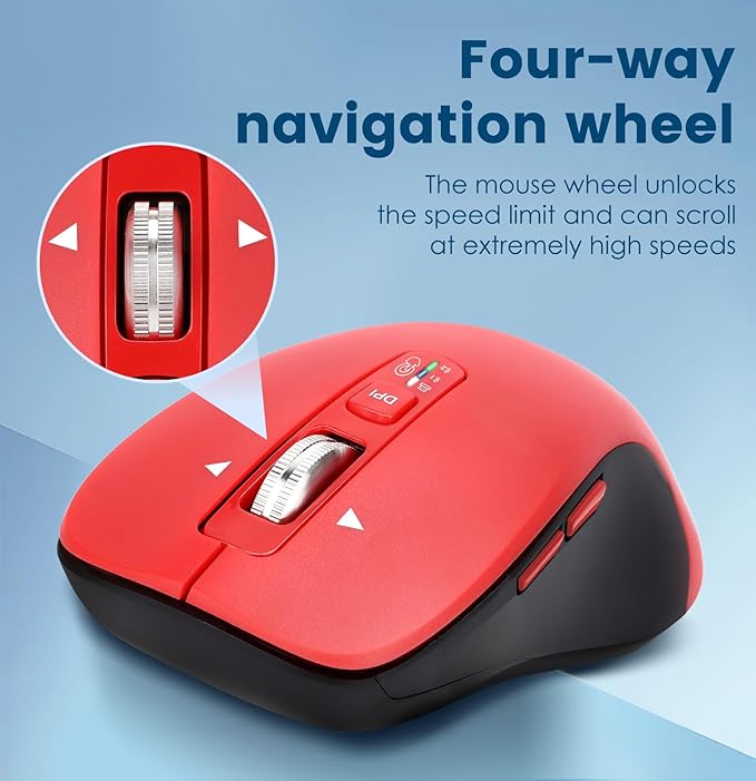 CITLLA Wireless Bluetooth Mouse (USB + BT1 + BT2), Full Size, 4-Way Scrolling, Multi-Device Silent Mouse for Computer, Laptop, iPad, MacBook (Red)