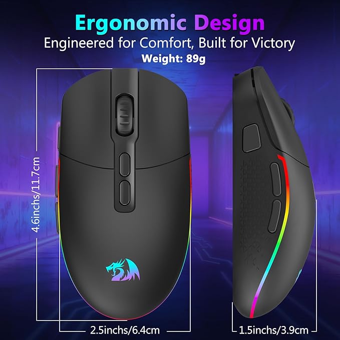 Redragon Wireless Gaming Mouse, Bluetooth/2.4Ghz/USB-C Wired RGB Backlit Gamer Mouse, 24000 DPI, Fully Programmable, Rapid Fire Key, Rechargeable Computer Mouse for Laptop PC Mac, Black