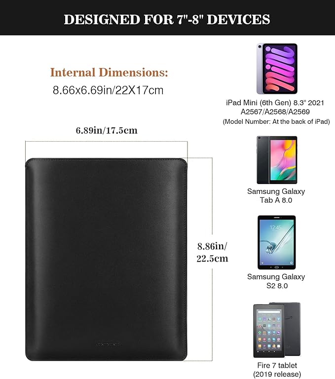 MoKo 7-8 Inch Tablet Sleeve, PU Leather Briefcase Slim Stylish Case Pouch Fit with New iPad Mini (A17 Pro) 8.3" 2024, iPad Mini 6/5/4/3/2/1, Galaxy Tab S2 8.0, Tab A 8.0, ZenPad Z8s 7.9, Black