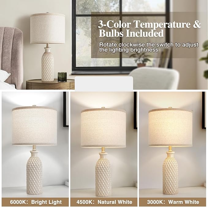 Luvkczc Ceramic Table Lamps Set of 2, Farmhouse 24.8" Bedside Lamps with Adjustable Color Temperature, Modern Nightstand Lamp Desk Reading Lamp for Bedroom, Living Room, Office, 2 Bulbs Included