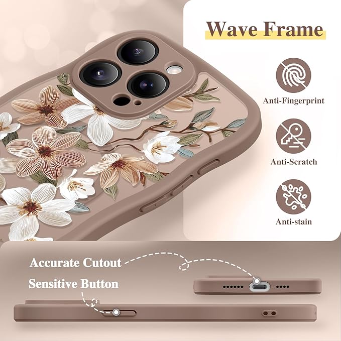 GVIEWIN for iPhone 15 Pro Max Case Compatible with MagSafe [Curly Wave Edge][Full Camera Protection] Floral Translucent Shockproof Magnetic Women Phone Case for 15 Pro Max 6.7'', Dogwood/Brown