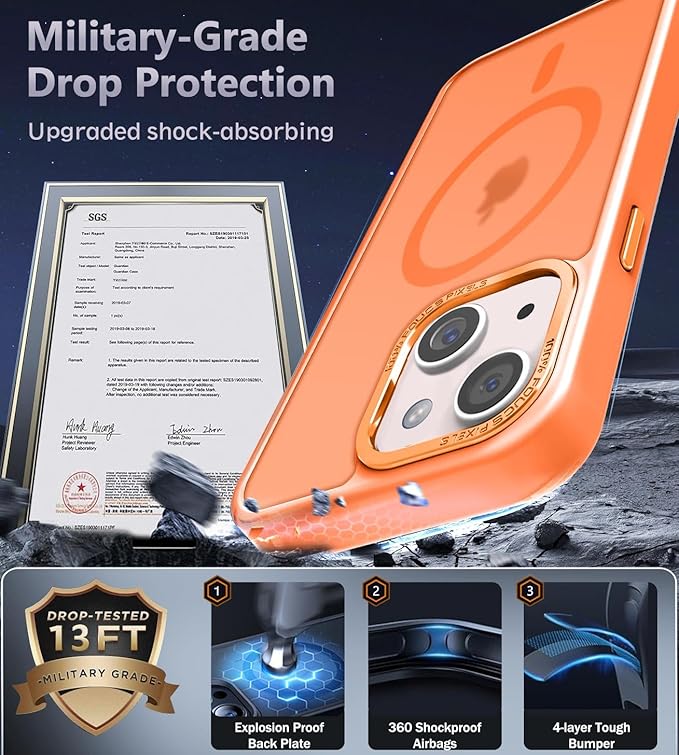 Newfuture Designed for iPhone 13 Case & iPhone 14 Case with Magnetic [13 FT Military Drop Protection] [Compatible with Magsafe] Slim Translucent Shockproof with Anti-Fingerprint Phone Case, Orange