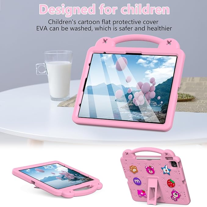Kids Case for iPad Air 13 inch M3 2025/M2 2024 & iPad Pro 13 inch M4 2024 & iPad Pro 12.9 inch Cover 6th/5th/4th/3rd Generation (2022/2021/2020/2018) with Stand/Pencil Holder/Handle, Pink