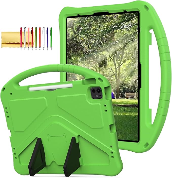 Dteck for iPad Air 11 Inch M2 2024/iPad Pro 11 inch 2024 M4 Kids Case with Pencil Holder, Kiddie Lightweight Shockproof Full-Body Handle Stand EVA Tablet Protective Girl Boy Kids Friendly Case,Green