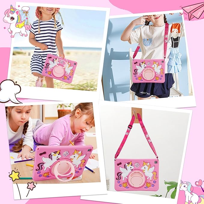 HianDier for iPad 9th Generation Case/iPad 8th Generation Case/iPad 7th Generation Case Cute Unicorn Silicone Tablet Cover with Detachable Strap and Rotatable Stand Shockproof Cover-Rose Pink