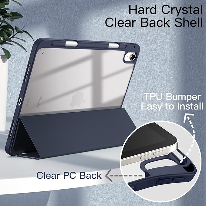 JETech Case ONLY for iPad Air 11-Inch M4/M3/M2 (2026/2025/2024), iPad Air 5/4 (2022/2020 5th/4th) with Pencil Holder, Clear Transparent Back Slim Stand Shockproof Tablet Cover (Deep Navy)