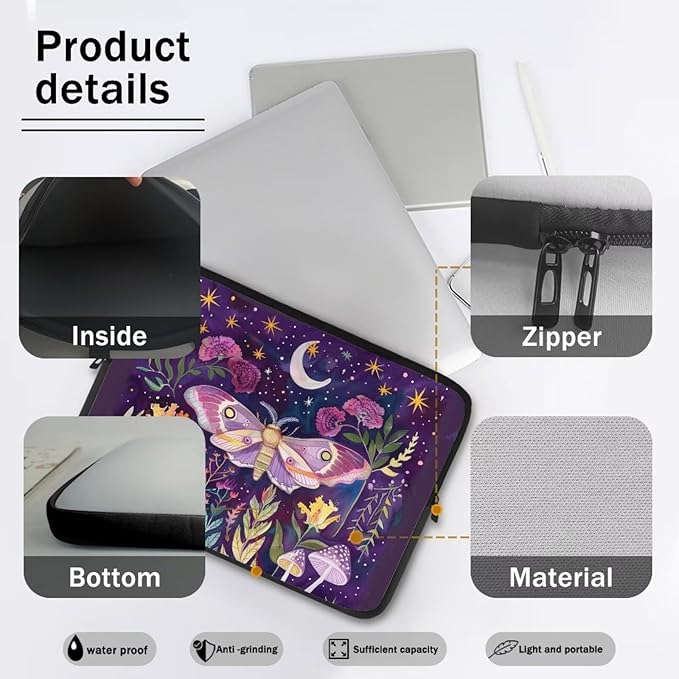Butterfly Mushroom Laptop Protective Sleeve for Women 13 inch Computer Sleeve Bag Cute Portable Lap Top Case Suitable for Travel School Office Neatly Organizers Purple
