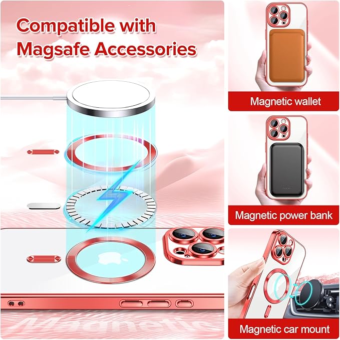 Hython Magnetic Clear for iPhone 16 Pro Case with Camera Lens Protector [Compatible with MagSafe] Luxury Plating Edge Slim Soft TPU Cover Protective Phone Case for iPhone 16 Pro 6.3", Red