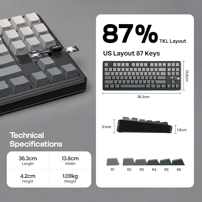 MechLands Aula F87 PRO V2 Wireless Gaming Keyboard with 10000mAh Battery, 8K Polling, SOCD/MT/TGL, BT/2.4GHz/Wired, Hot Swap TKL Mechanical Keyboard with Creamy Gasket, RGB Backlit (Black Gradient)