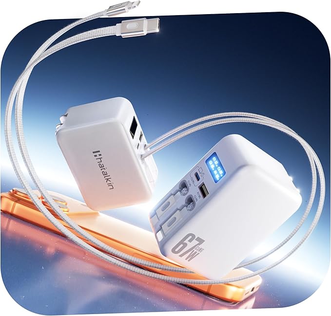 Retractable Wall Charger, 67W Fast Charging with Digital Display, Dual Built-in Retractable Cables (3.3ft), 4-in-1 Travel Plug for iPhone 17/16, MacBook, Galaxy S26