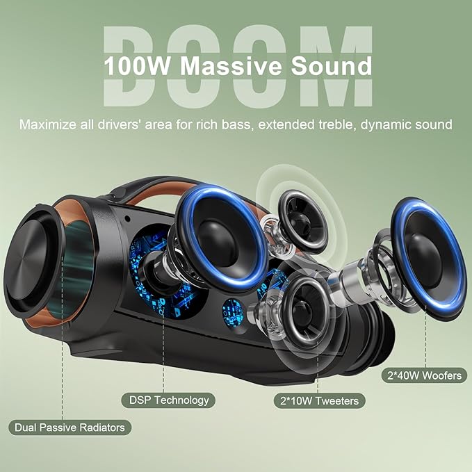 DOSS Extreme Boom+ Loud Bluetooth Speaker with 100W Stereo Sound, Extra Bass, 20H Playtime, Party-Sync Led Lights, Built-in Power Bank, IPX6 Waterproof Outdoor Speaker for Camping, Travel-Copper Gold