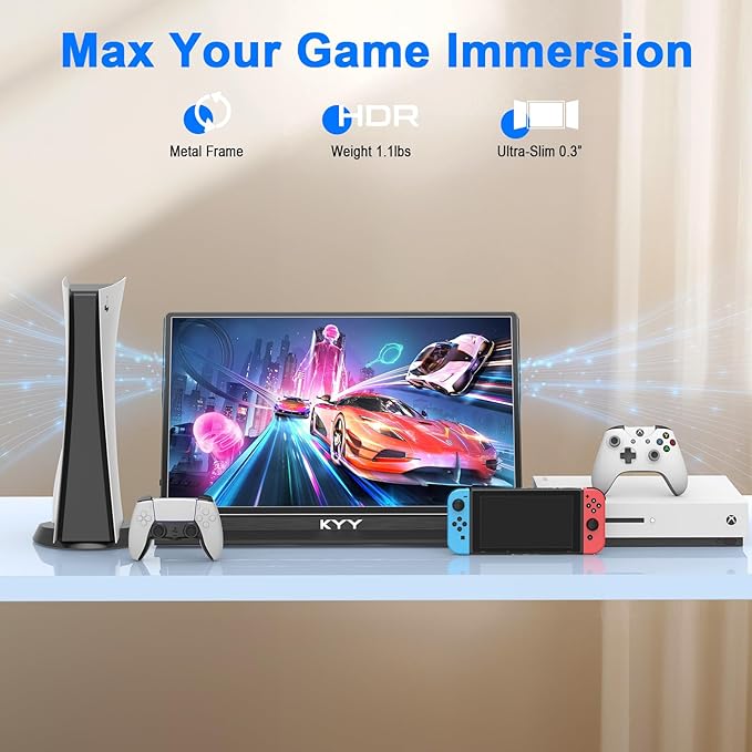 KYY Portable Monitor 14' FHD 1080P - Ultra-Slim Portable Laptop Monitor Computer Display with Type-C HDMI Speakers for Laptop PC Phone Mac PS4 PS5 Xbox Switch