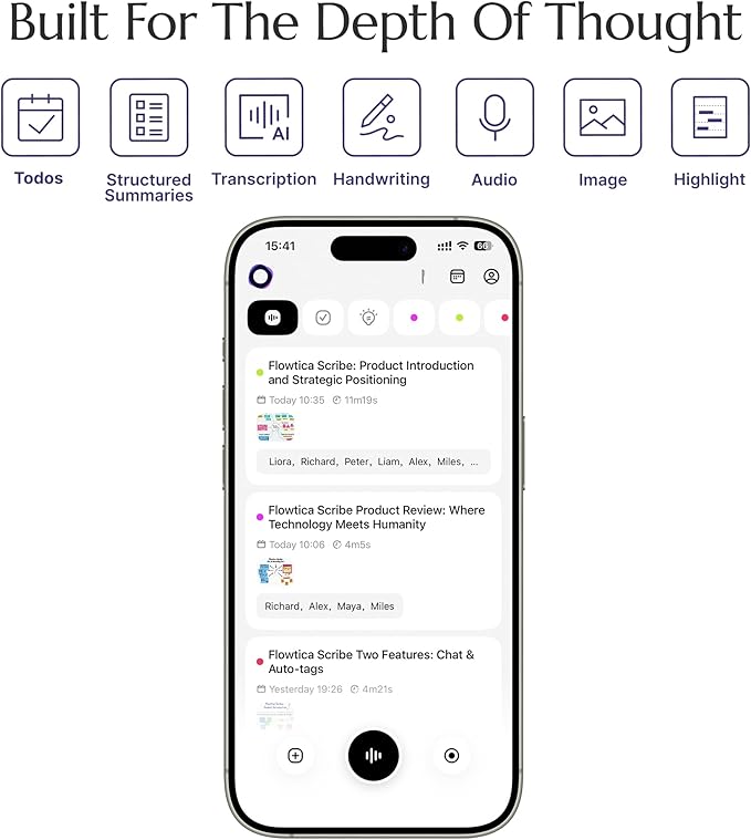 Flowtica Scribe AI Voice Recorder, App Control, Transcribe & Summarize, One-Press Highlight, HiFi Audio, Background Auto-Sync, Note Taker for Meetings & Lectures, Ultra-Slim, Pogopin Cable Included