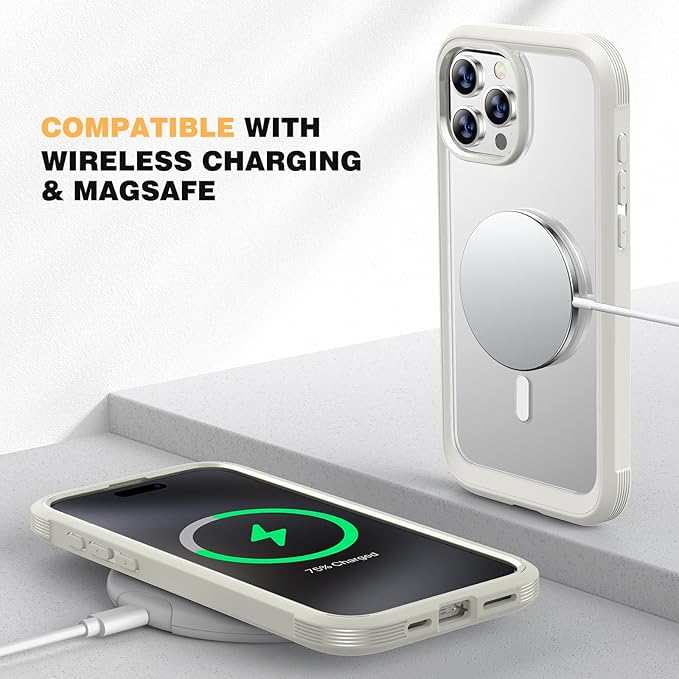 Diaclara Magnetic for iPhone 15 Pro Case, [Military-Grade Drop Proof & Fit for MagSafe] Built-in Shockproof Screen Protector, [Camera Lens Protector] Phone Cover for iPhone 15 Pro 6.1"(White)