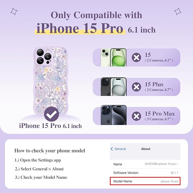 GVIEWIN for iPhone 15 Pro Case Compatible with MagSafe [Curly Wave Edge][Full Camera Protection] Floral Translucent Shockproof Magnetic Women Phone Case for iPhone 15 Pro 6.1'', Apricot Blossom/Purple