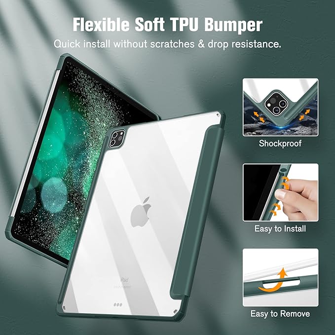 Fintie Hybrid Slim Case for iPad Pro 12.9-inch 6th Generation 2022, [Built-in Pencil Holder] Shockproof Cover w/Clear Transparent Back Shell, Also Fit iPad Pro 12.9" 5th/4th/3rd Gen, Midnight Green