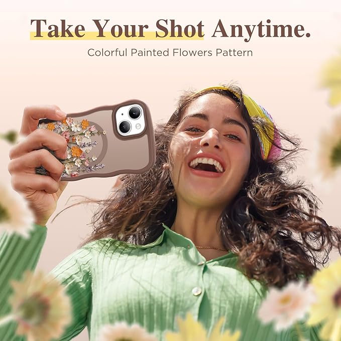 GVIEWIN Cute for iPhone 14 Case & iPhone 13 Case [Compatible with MagSafe] [Curly Wave Edge] Floral Translucent Magnetic Shockproof Protective Phone Cover for iPhone 14/13 6.1'', Primrose/Brown