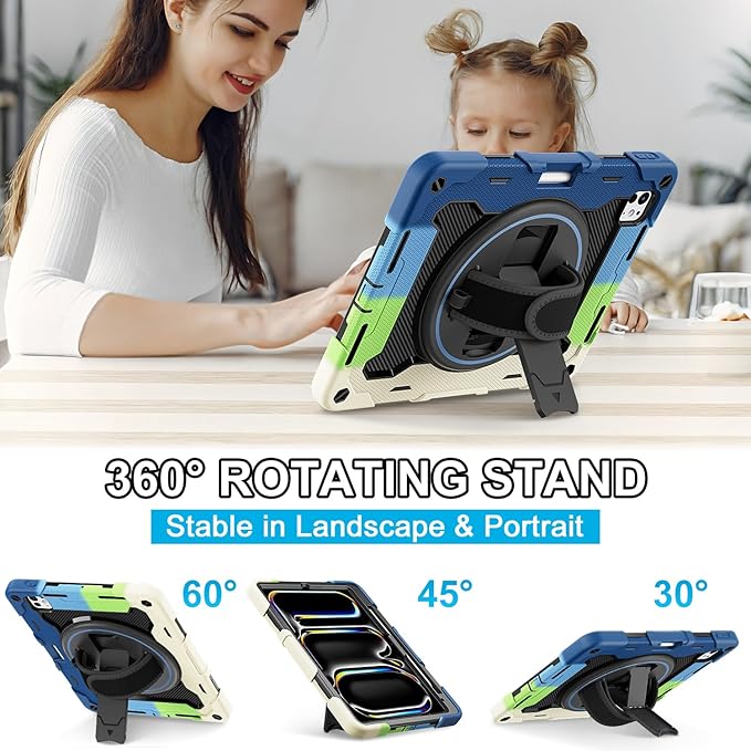 iPad Pro 11 Inch Case M5 2025/M4 2024, Heavy Duty Shockproof Protective Case with Screen Protector, 360° Rotating Stand Hand Strap Shoulder Strap Kids Cover Apple Pencil Holder